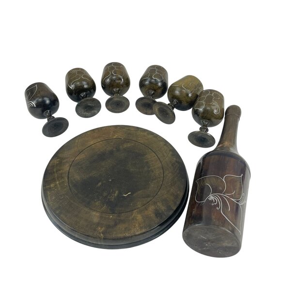 Handcrafted Wooden MCM Hand Turned Decanter Set With 6 Floral Etched Goblets & R - Picture 5 of 12